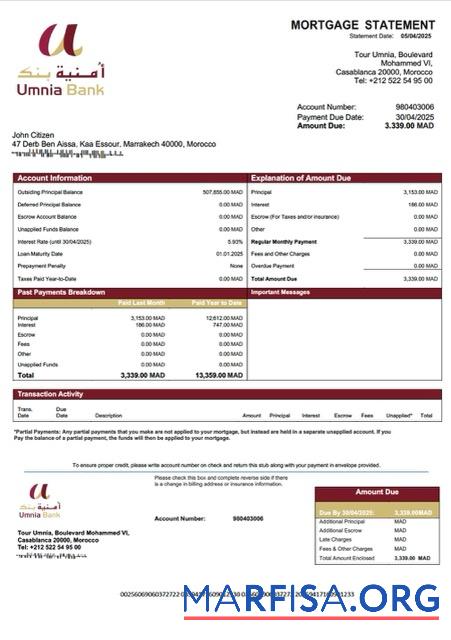 Blank Morocco Umnia Bank mortgage statement Word and PDF template